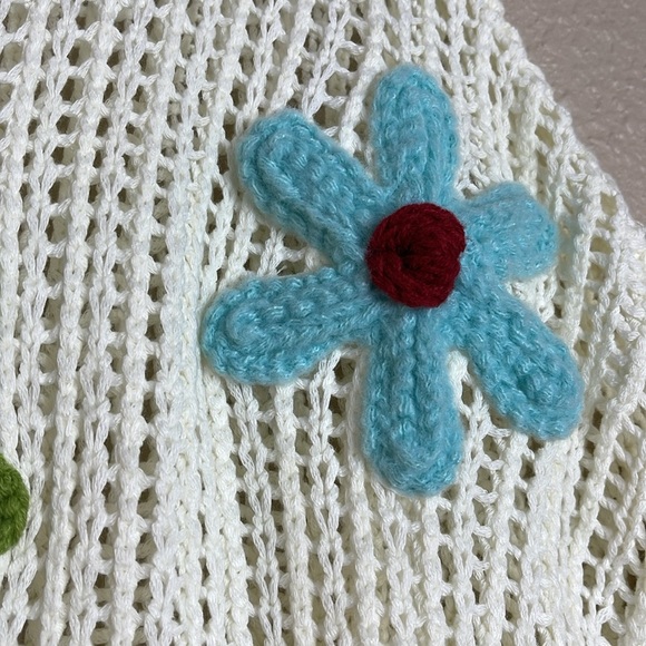 Women’s Ivory White Open-Knit Sweater with Colorful Crochet Flowers Sz XL - Picture 5 of 8